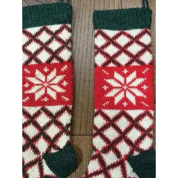 Vintage 80s Knit Set Of (2) Christmas Stocking Red Green Snowflake - Picture 9 of 10